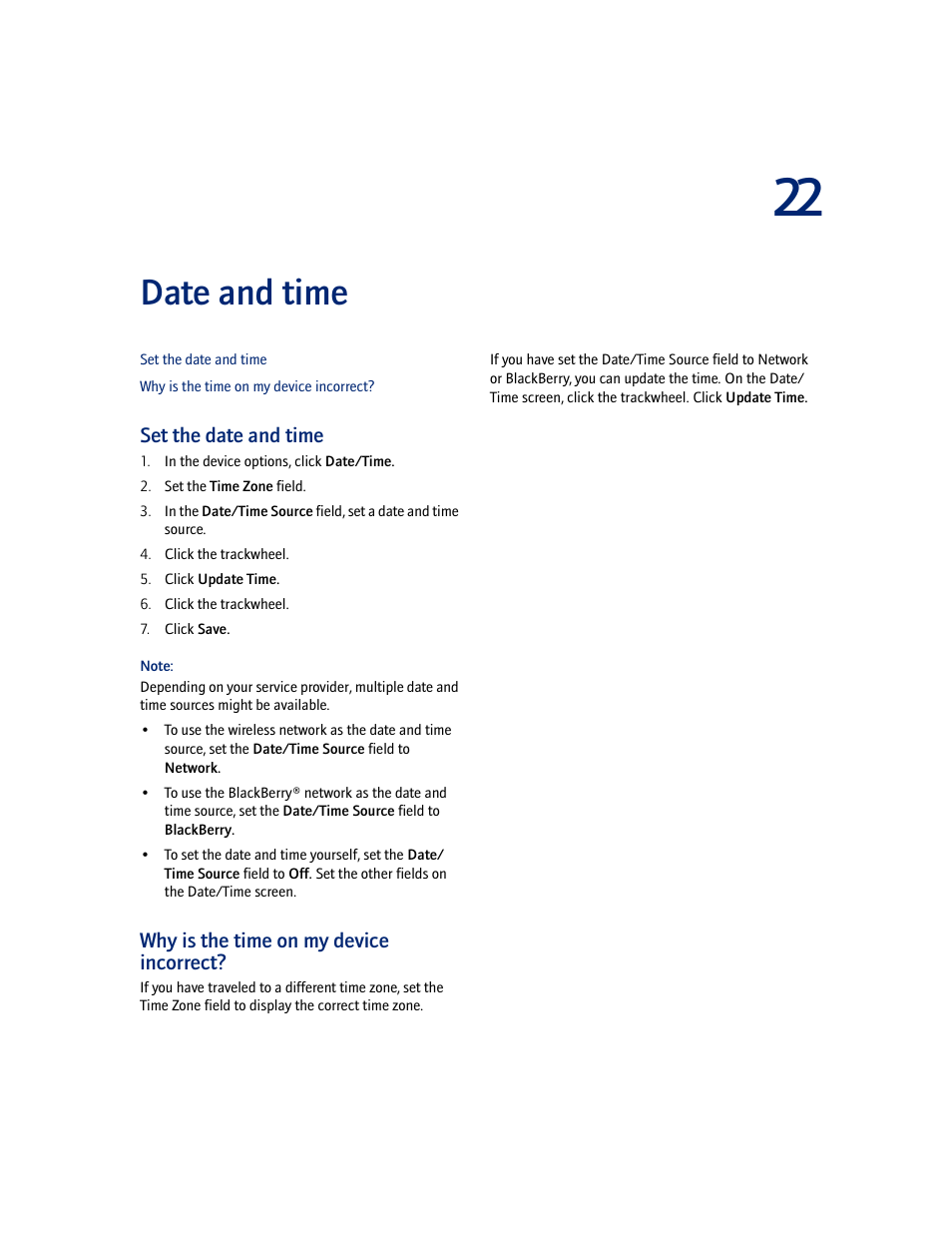 Date and time, Set the date and time, Why is the time on my device incorrect | Blackberry 7100I User Manual | Page 73 / 160