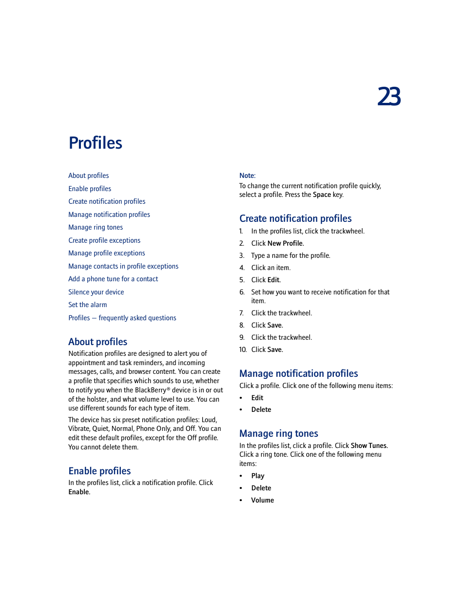 Profiles, About profiles, Enable profiles | Create notification profiles, Manage notification profiles, Manage ring tones | Blackberry 7100I User Manual | Page 75 / 160