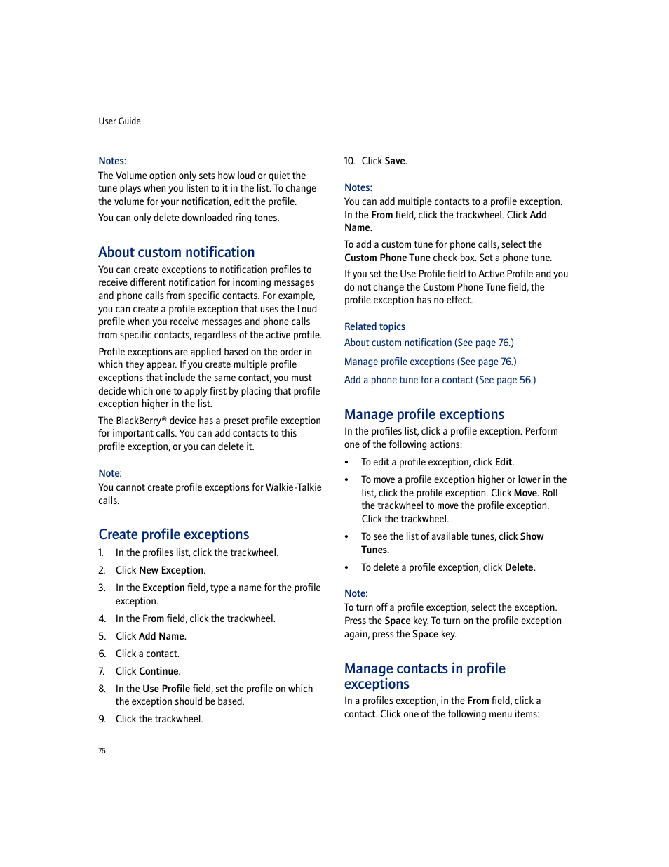 About custom notification, Create profile exceptions, Manage profile exceptions | Manage contacts in profile exceptions | Blackberry 7100I User Manual | Page 76 / 160