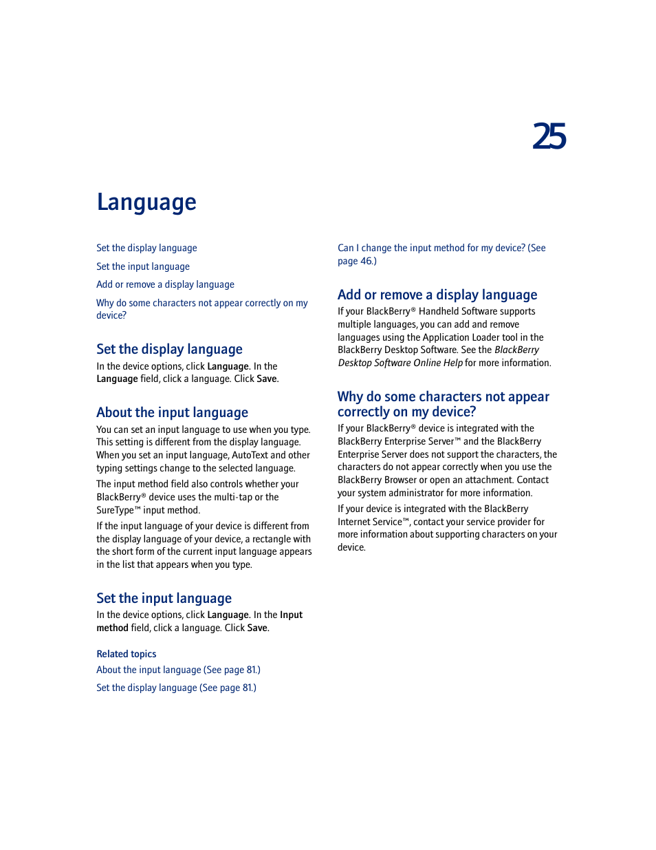 Language, Set the display language, About the input language | Set the input language, Add or remove a display language | Blackberry 7100I User Manual | Page 81 / 160