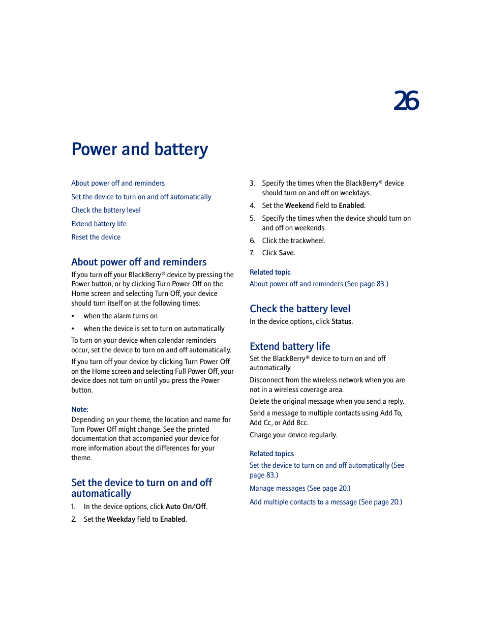 Power and battery, About power off and reminders, Set the device to turn on and off automatically | Check the battery level, Extend battery life | Blackberry 7100I User Manual | Page 83 / 160
