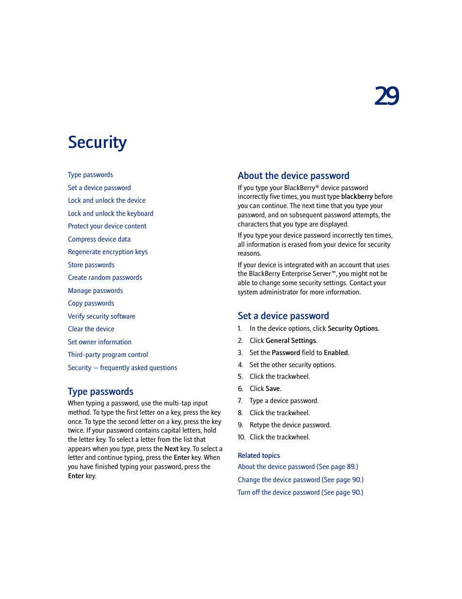 Security, Type passwords, About the device password | Set a device password | Blackberry 7100I User Manual | Page 89 / 160
