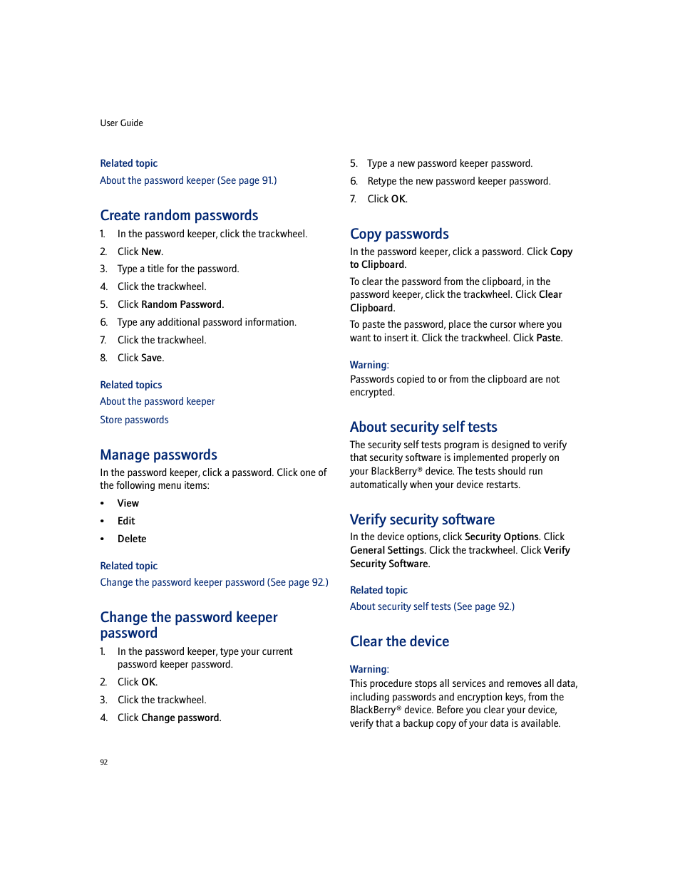 Create random passwords, Manage passwords, Change the password keeper password | Copy passwords, About security self tests, Verify security software, Clear the device | Blackberry 7100I User Manual | Page 92 / 160