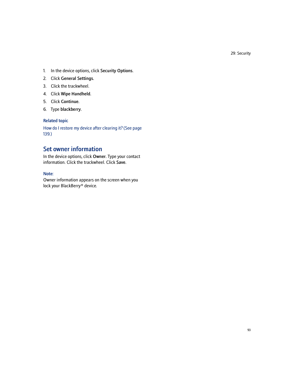 Set owner information | Blackberry 7100I User Manual | Page 93 / 160
