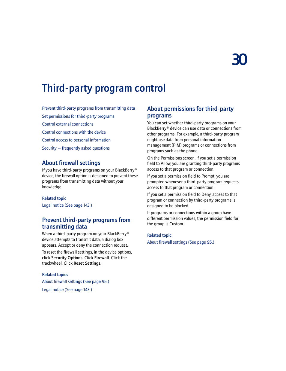 Third-party program control, About firewall settings, About permissions for third-party programs | Blackberry 7100I User Manual | Page 95 / 160