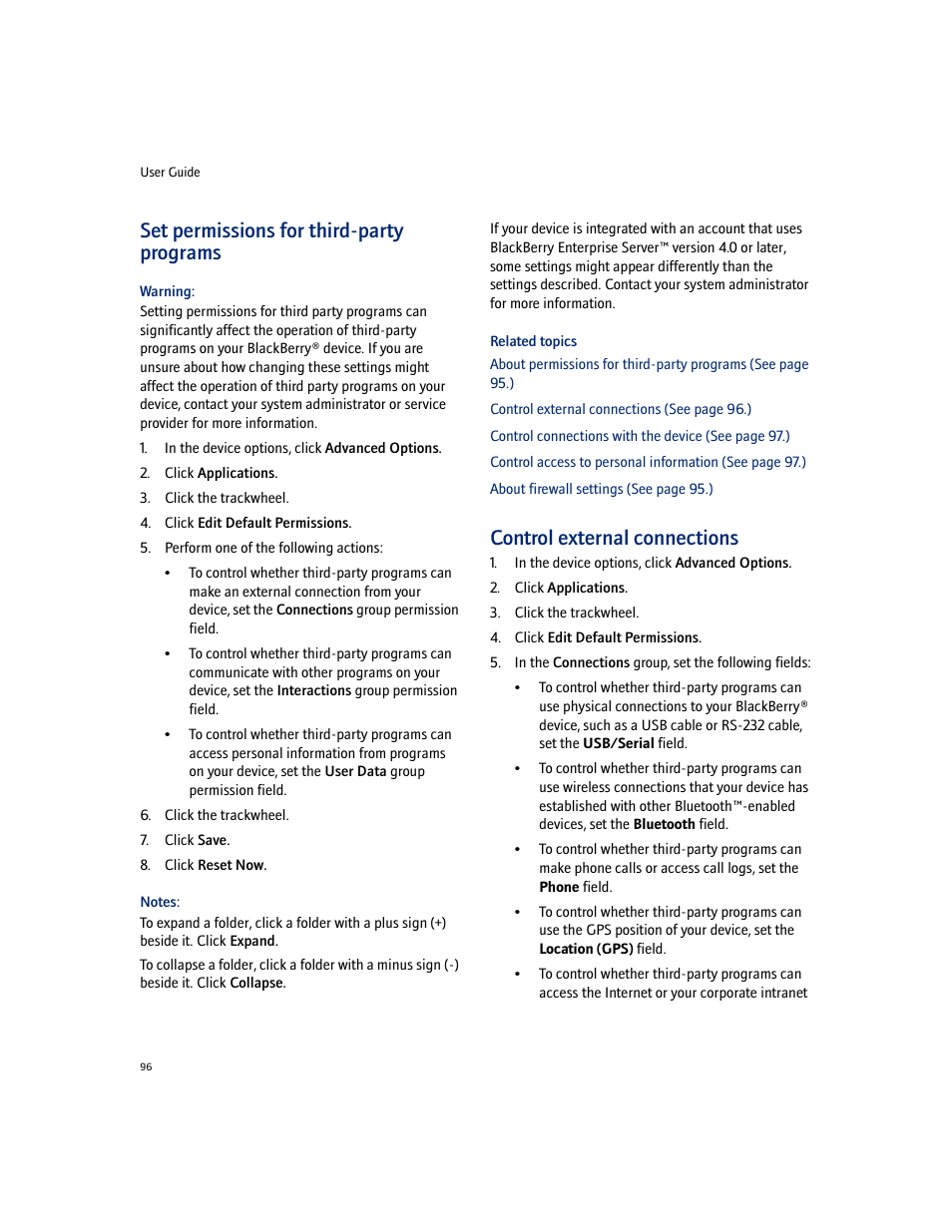 Set permissions for third-party programs, Control external connections | Blackberry 7100I User Manual | Page 96 / 160