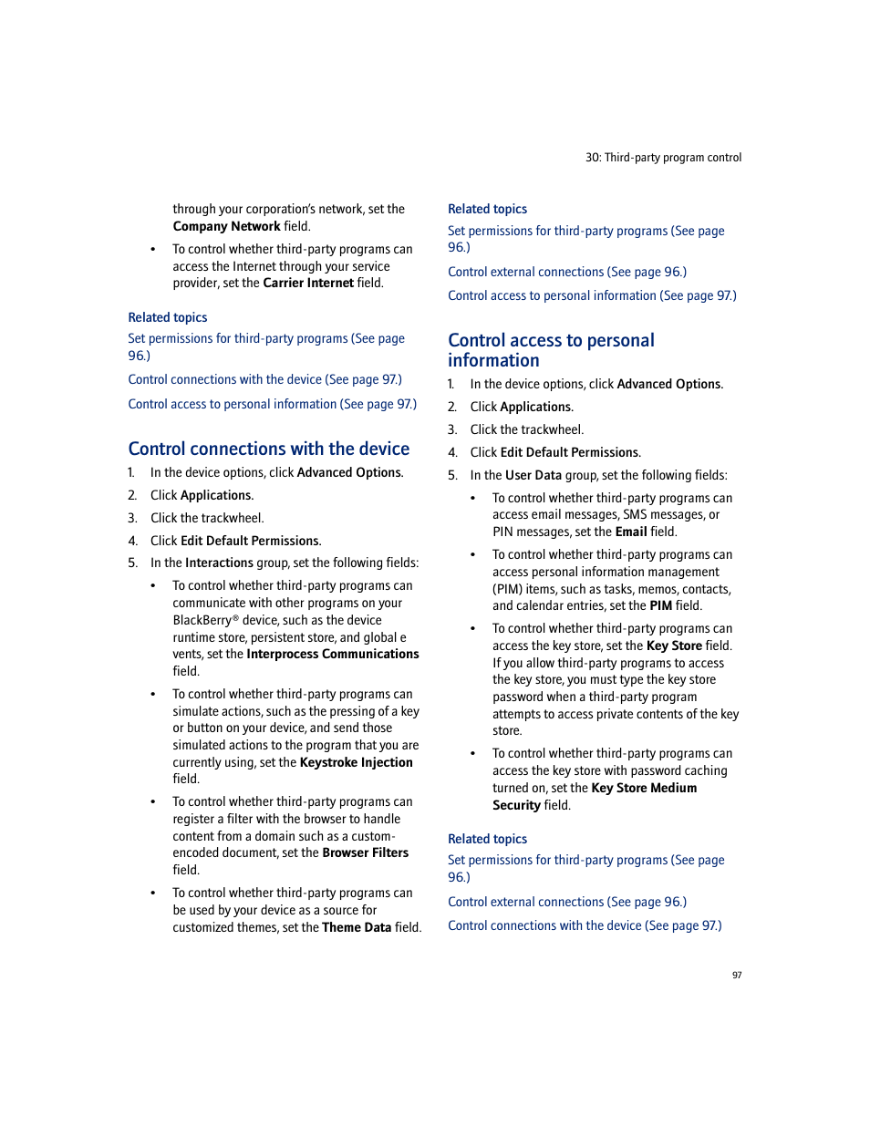 Control connections with the device, Control access to personal information | Blackberry 7100I User Manual | Page 97 / 160