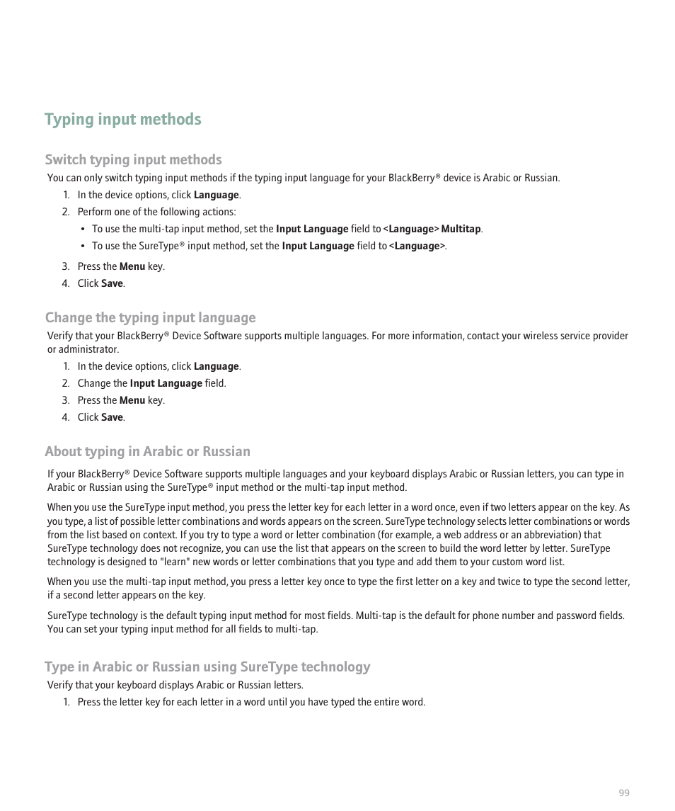 Typing input methods, Change the typing input language, Switch typing input methods | About typing in arabic or russian | Blackberry Curve 8330 User Manual | Page 101 / 272
