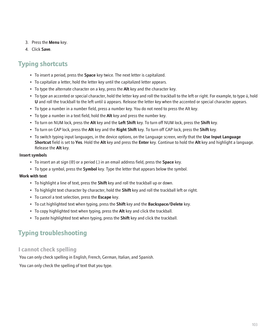 Typing shortcuts, Typing troubleshooting, I cannot check spelling | Blackberry Curve 8330 User Manual | Page 105 / 272