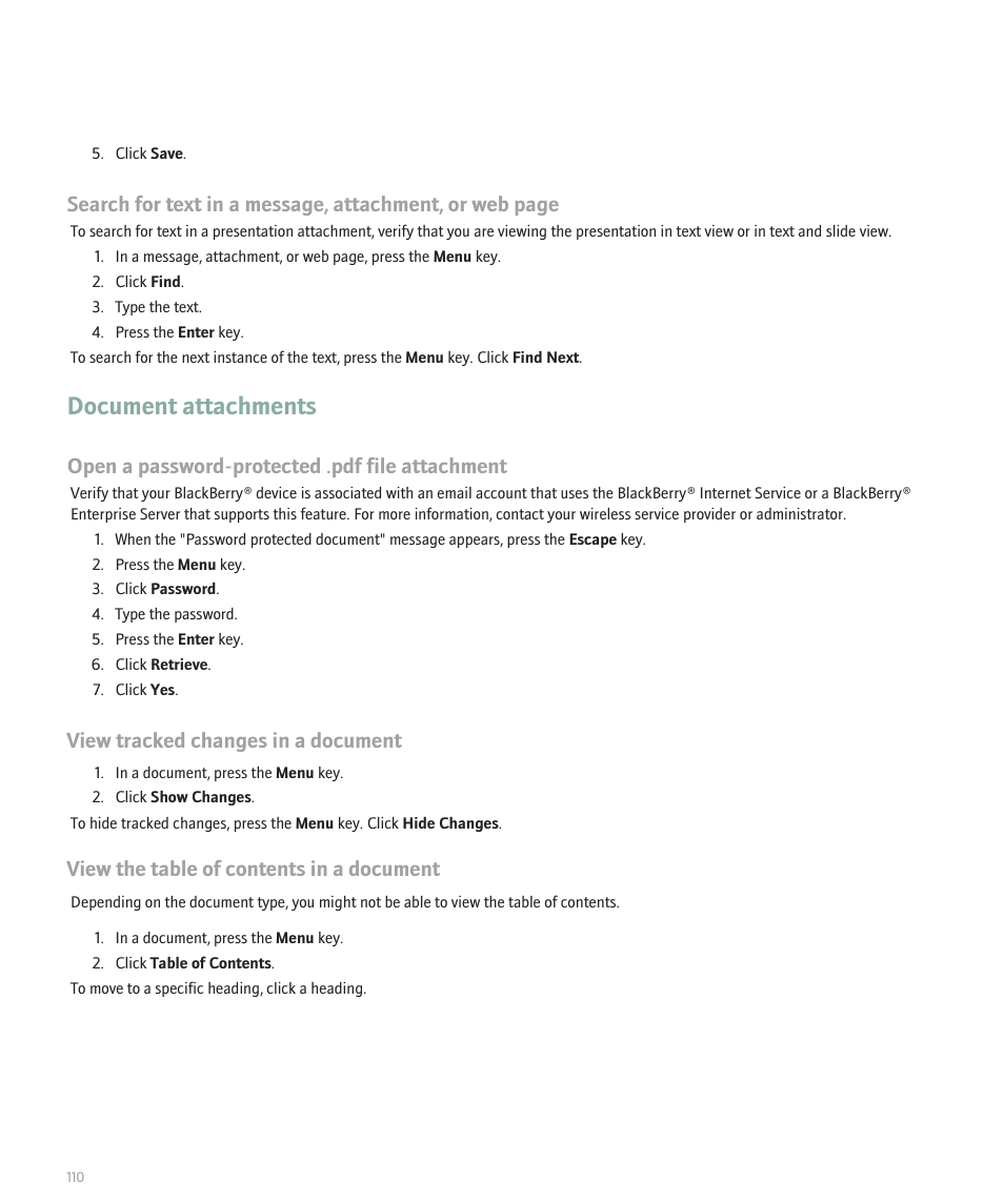 Document attachments, Open a password-protected .pdf file attachment, View tracked changes in a document | View the table of contents in a document | Blackberry Curve 8330 User Manual | Page 112 / 272