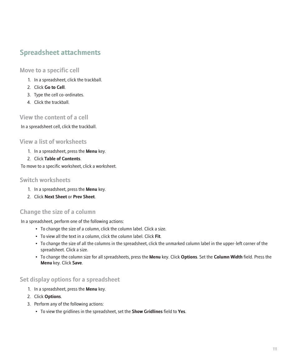 Spreadsheet attachments, Move to a specific cell, View the content of a cell | View a list of worksheets, Switch worksheets, Change the size of a column, Set display options for a spreadsheet | Blackberry Curve 8330 User Manual | Page 113 / 272