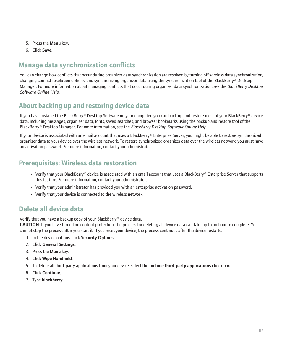 Manage data synchronization conflicts, About backing up and restoring device data, Prerequisites: wireless data restoration | Delete all device data | Blackberry Curve 8330 User Manual | Page 119 / 272