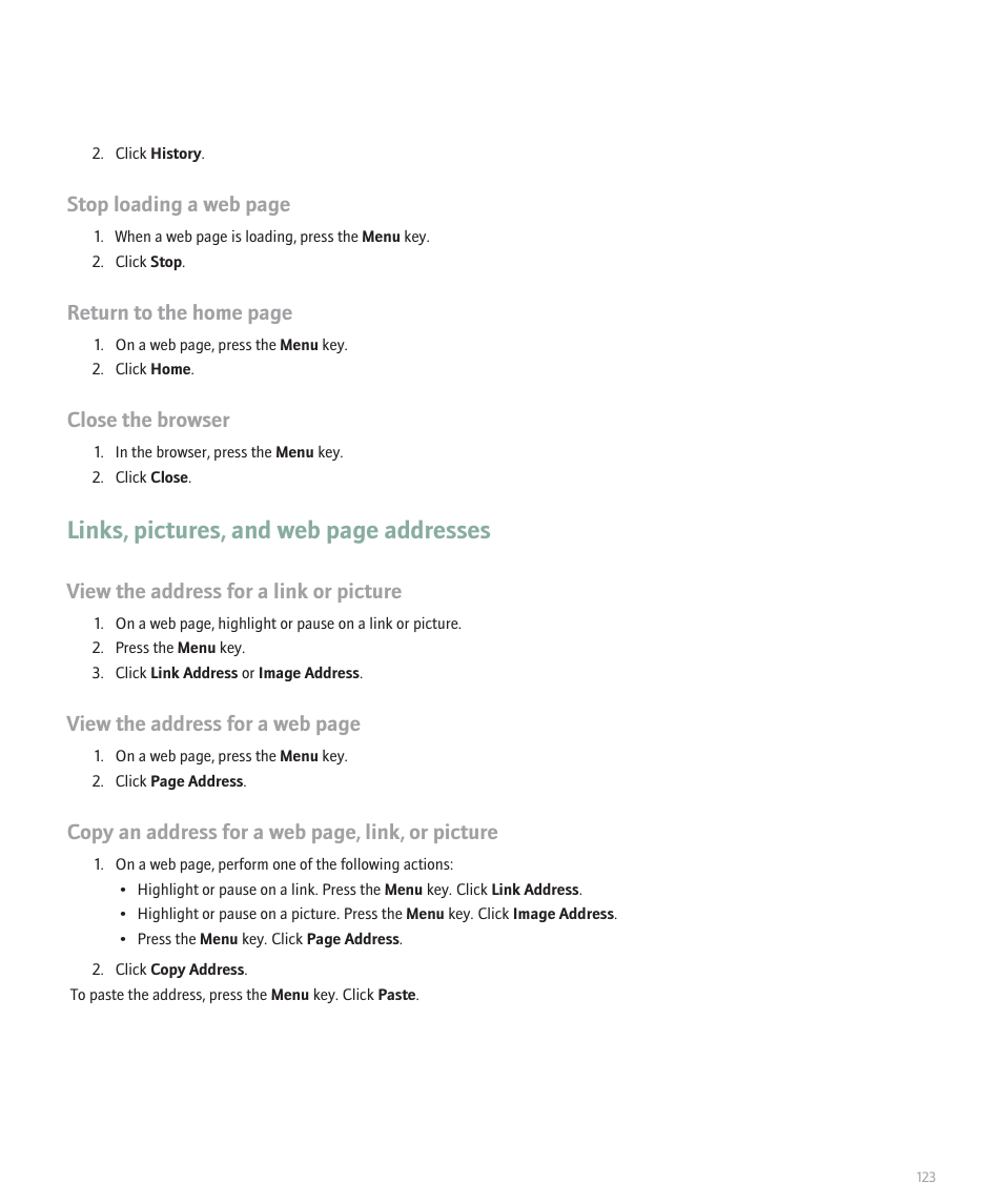 Links, pictures, and web page addresses, Stop loading a web page, Return to the home page | Close the browser, View the address for a link or picture, View the address for a web page, Copy an address for a web page, link, or picture | Blackberry Curve 8330 User Manual | Page 125 / 272