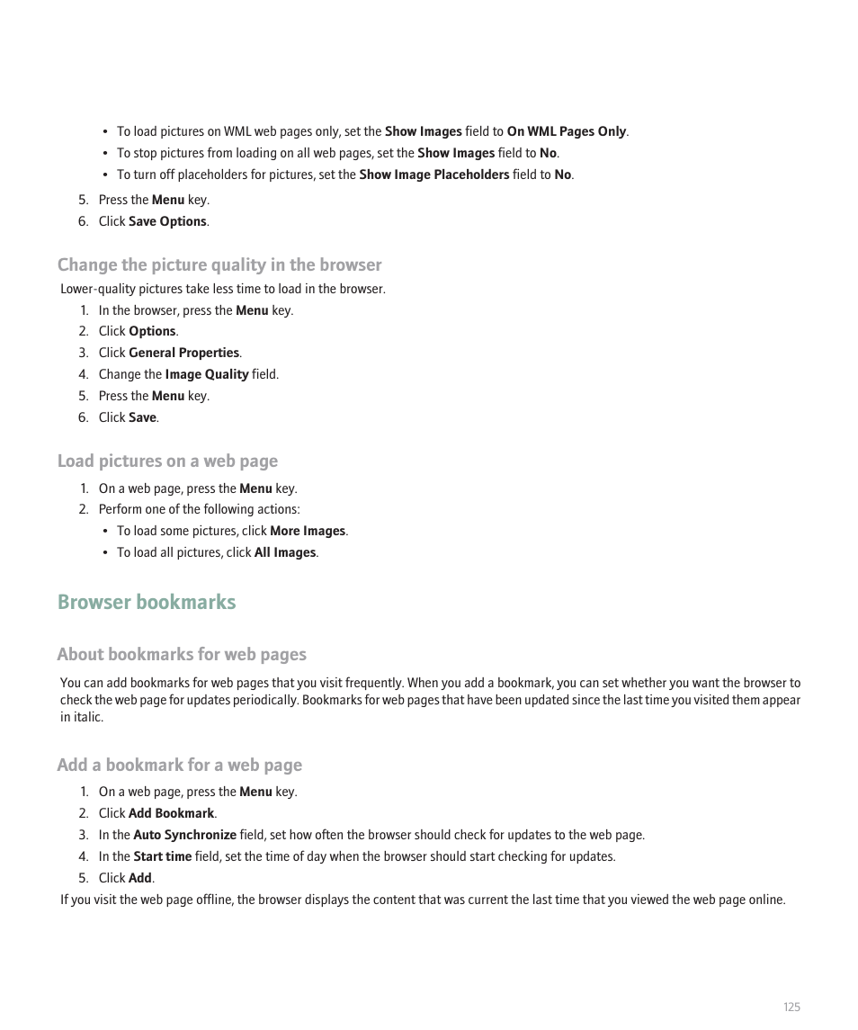 Browser bookmarks, Change the picture quality in the browser, Load pictures on a web page | About bookmarks for web pages, Add a bookmark for a web page | Blackberry Curve 8330 User Manual | Page 127 / 272