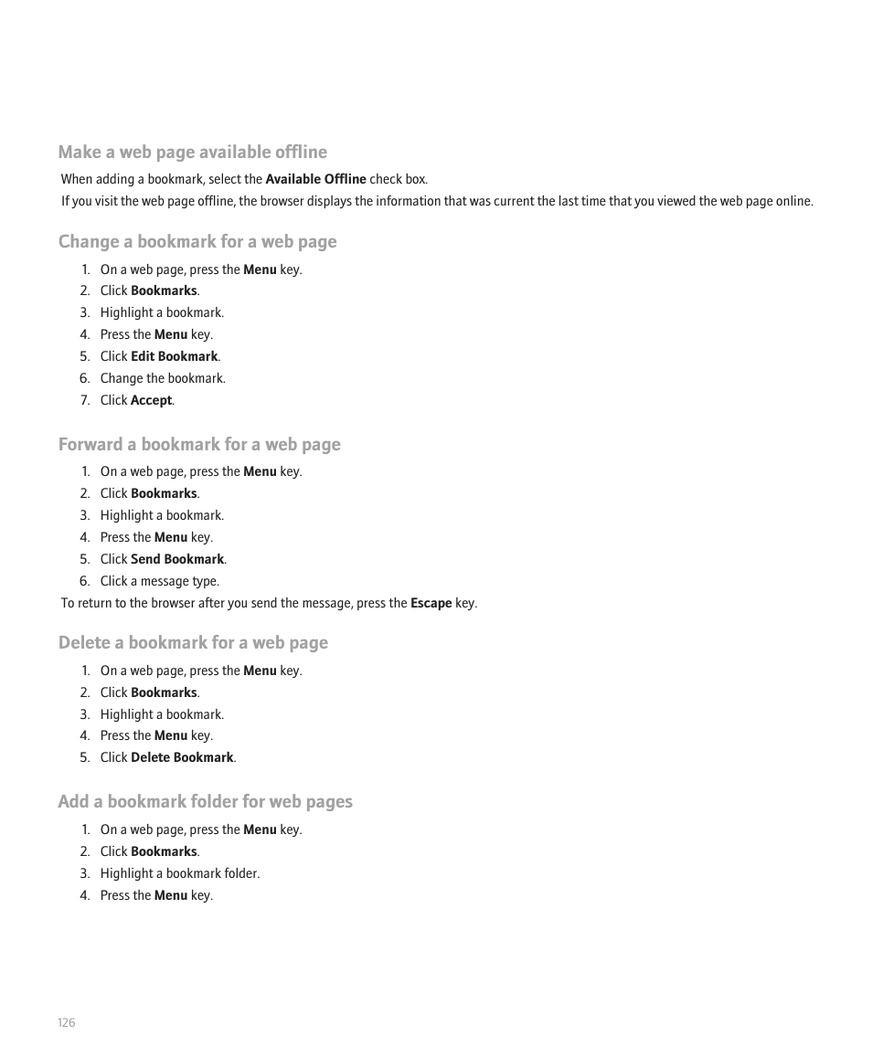 Make a web page available offline, Change a bookmark for a web page, Forward a bookmark for a web page | Delete a bookmark for a web page, Add a bookmark folder for web pages | Blackberry Curve 8330 User Manual | Page 128 / 272