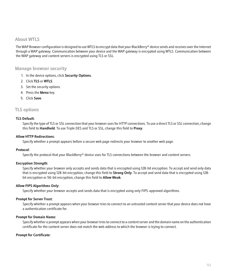 About wtls, Manage browser security, Tls options | Blackberry Curve 8330 User Manual | Page 135 / 272