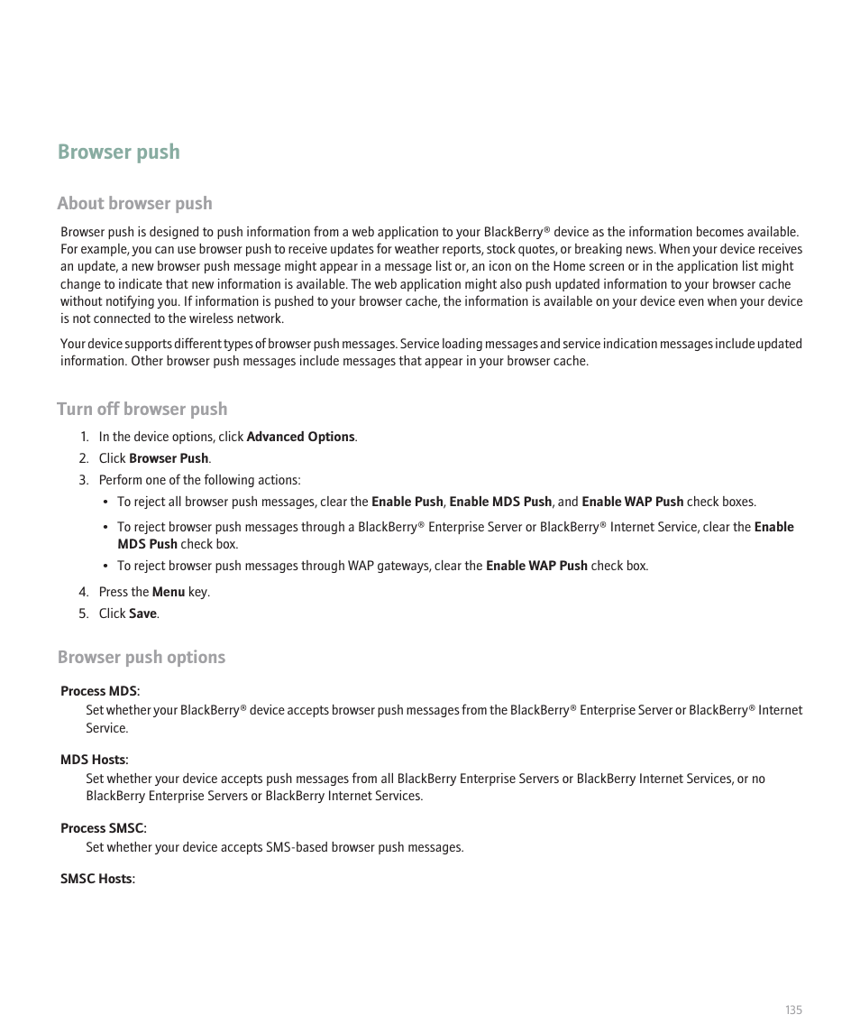 Browser push, About browser push, Turn off browser push | Browser push options | Blackberry Curve 8330 User Manual | Page 137 / 272