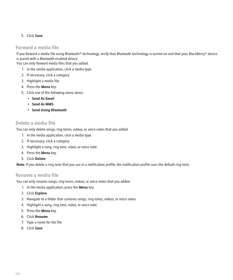 Forward a media file, Delete a media file, Rename a media file | Blackberry Curve 8330 User Manual | Page 144 / 272