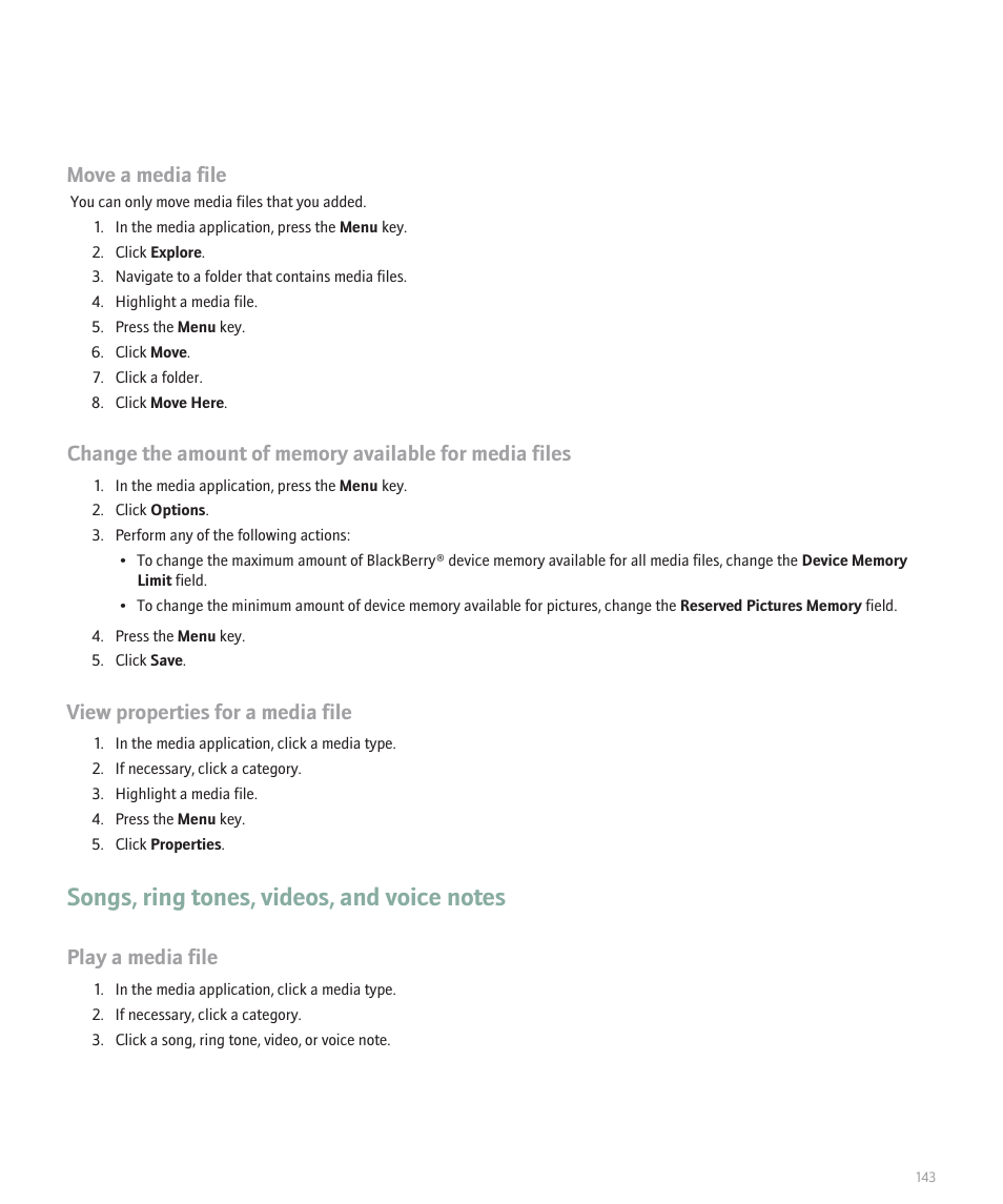 Songs, ring tones, videos, and voice notes, Move a media file, View properties for a media file | Play a media file | Blackberry Curve 8330 User Manual | Page 145 / 272