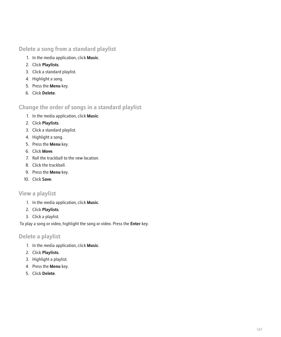 Delete a song from a standard playlist, Change the order of songs in a standard playlist, View a playlist | Delete a playlist | Blackberry Curve 8330 User Manual | Page 149 / 272