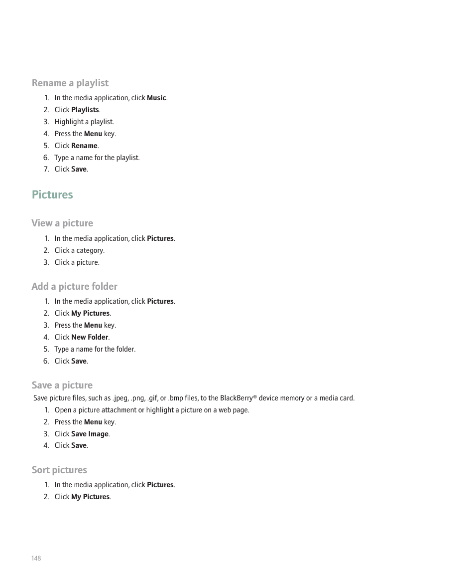Pictures, Rename a playlist, View a picture | Add a picture folder, Save a picture, Sort pictures | Blackberry Curve 8330 User Manual | Page 150 / 272