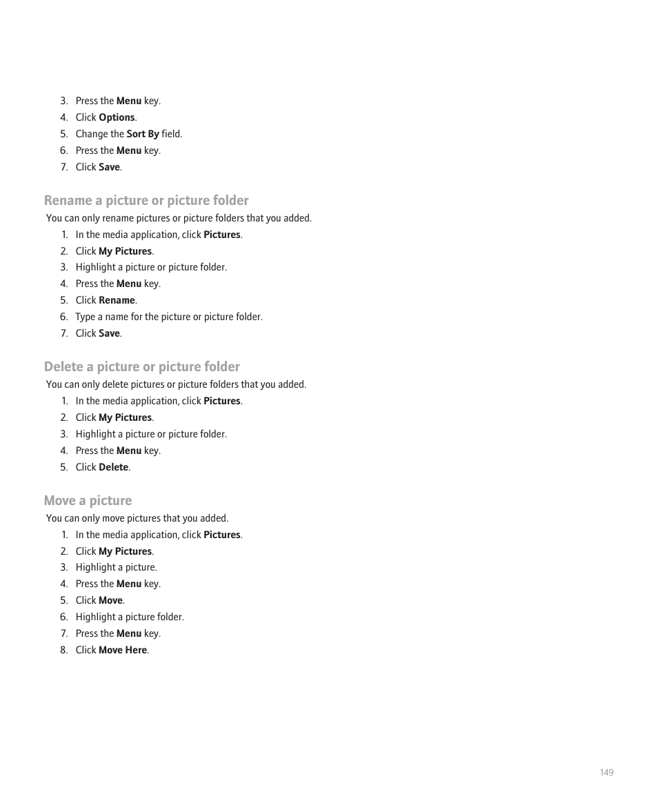 Rename a picture or picture folder, Delete a picture or picture folder, Move a picture | Blackberry Curve 8330 User Manual | Page 151 / 272