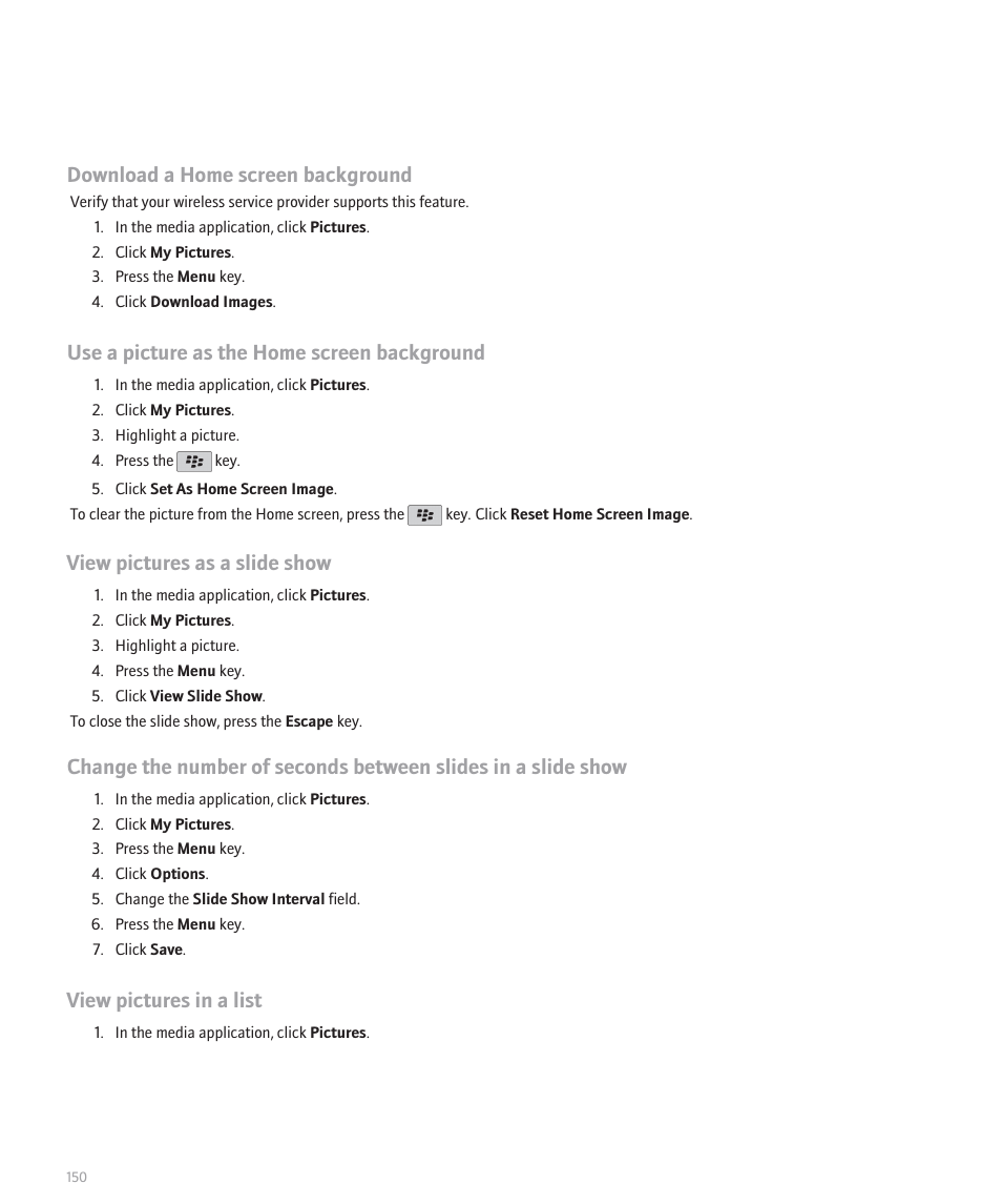 Download a home screen background, Use a picture as the home screen background, View pictures as a slide show | View pictures in a list | Blackberry Curve 8330 User Manual | Page 152 / 272