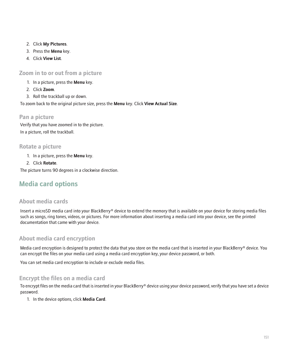 Media card options, Zoom in to or out from a picture, Pan a picture | Rotate a picture, About media cards, About media card encryption, Encrypt the files on a media card | Blackberry Curve 8330 User Manual | Page 153 / 272