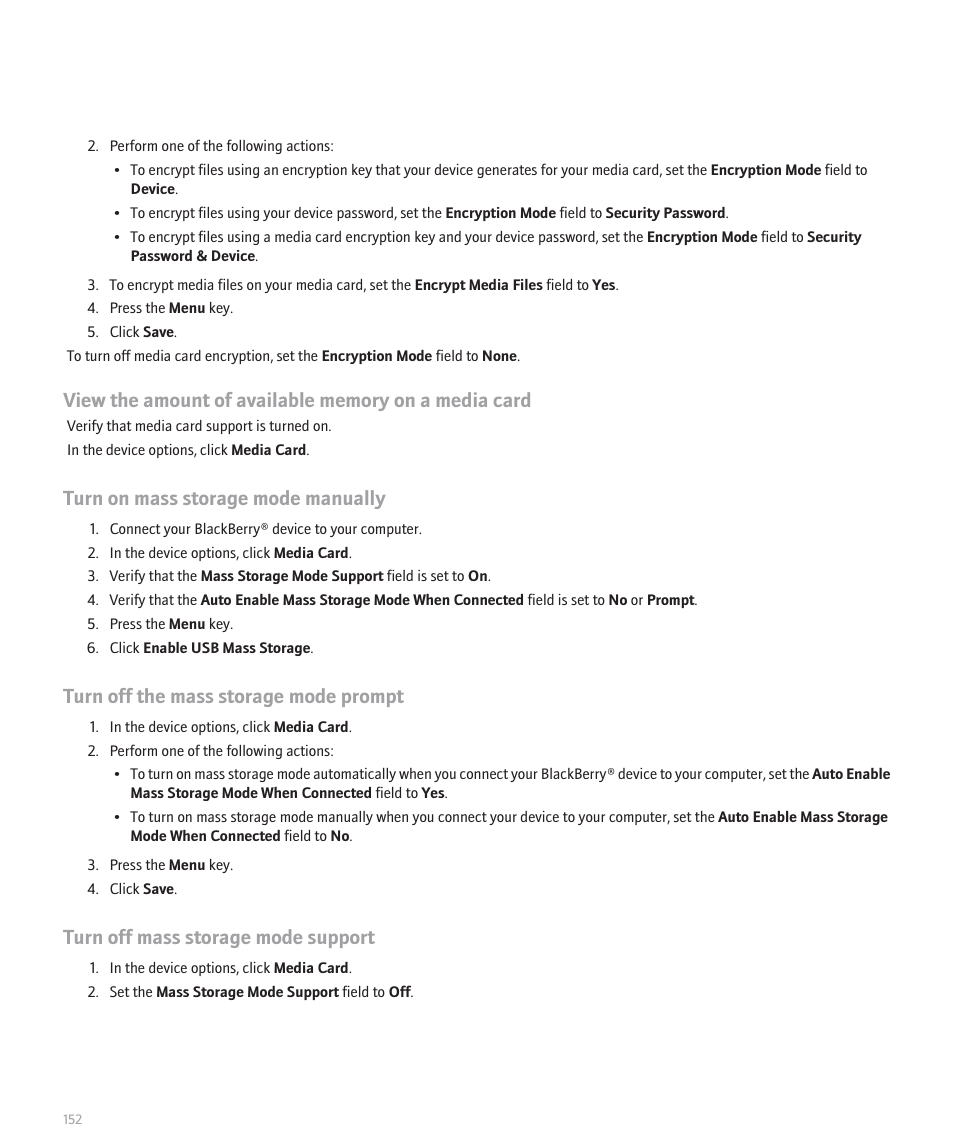 Turn on mass storage mode manually, Turn off the mass storage mode prompt, Turn off mass storage mode support | Blackberry Curve 8330 User Manual | Page 154 / 272