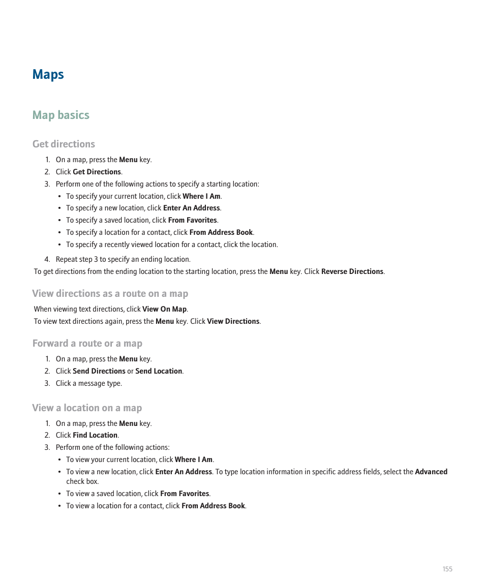 Maps, Map basics, Get directions | View directions as a route on a map, Forward a route or a map, View a location on a map | Blackberry Curve 8330 User Manual | Page 157 / 272