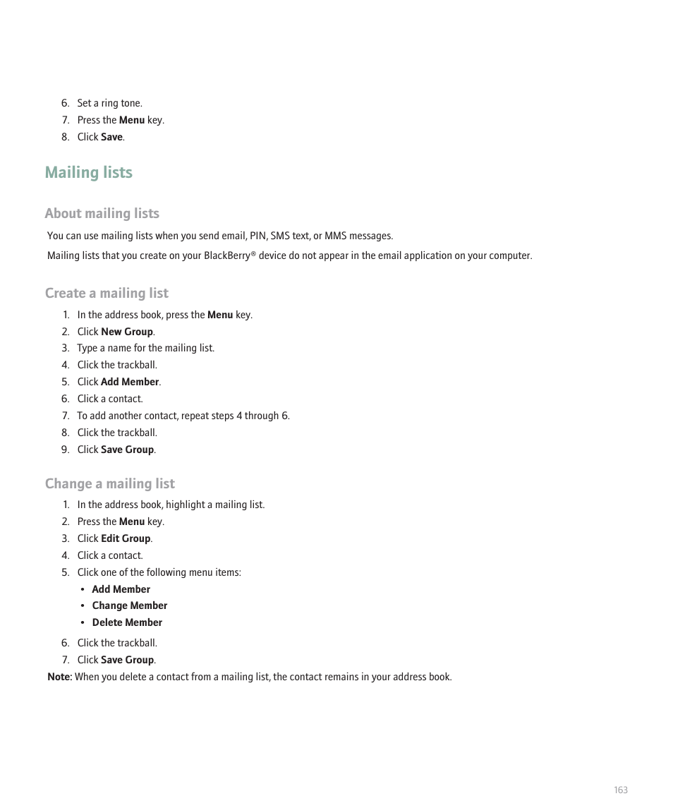 Mailing lists, About mailing lists, Create a mailing list | Change a mailing list | Blackberry Curve 8330 User Manual | Page 165 / 272