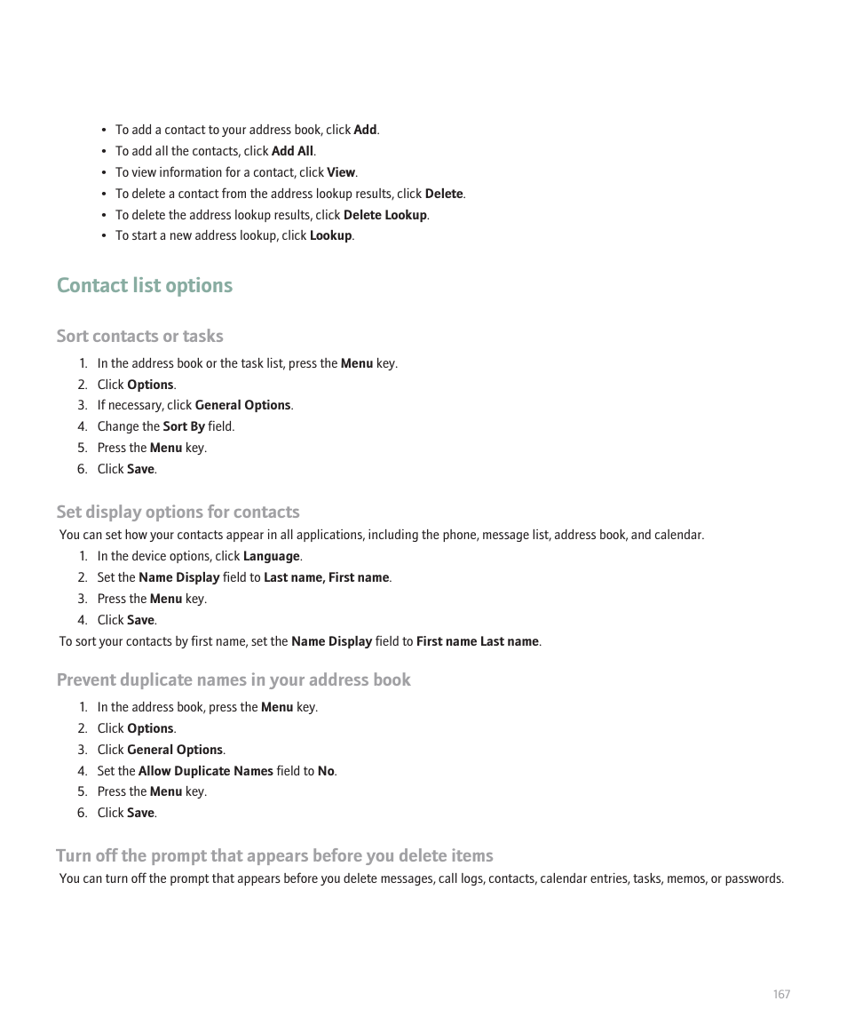 Contact list options, Set display options for contacts, Sort contacts or tasks | Prevent duplicate names in your address book | Blackberry Curve 8330 User Manual | Page 169 / 272