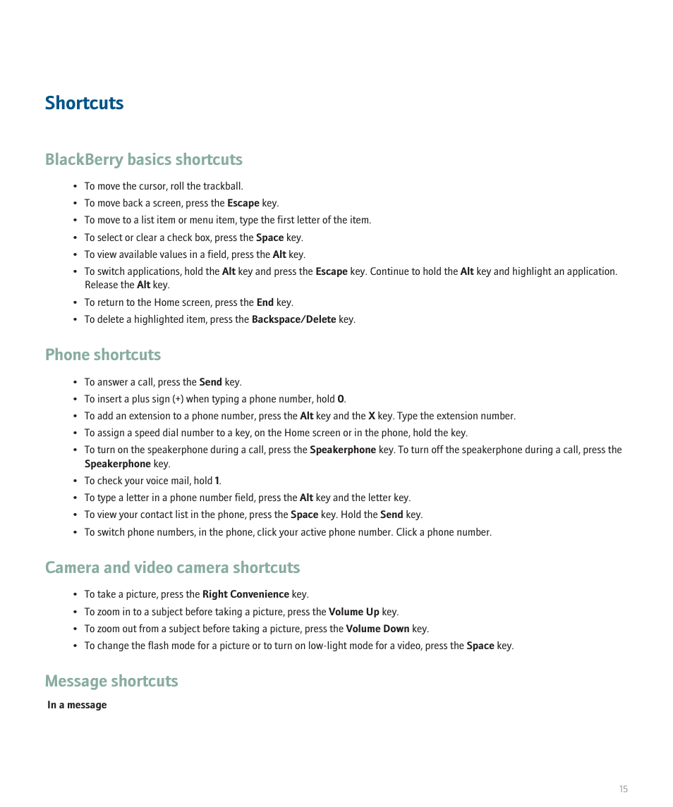 Shortcuts, Blackberry basics shortcuts, Phone shortcuts | Camera and video camera shortcuts, Message shortcuts | Blackberry Curve 8330 User Manual | Page 17 / 272