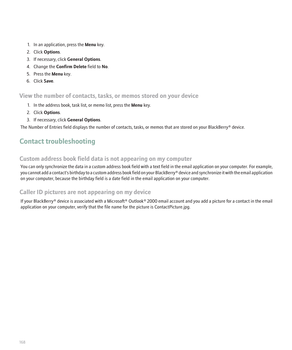 Contact troubleshooting, Caller id pictures are not appearing on my device | Blackberry Curve 8330 User Manual | Page 170 / 272