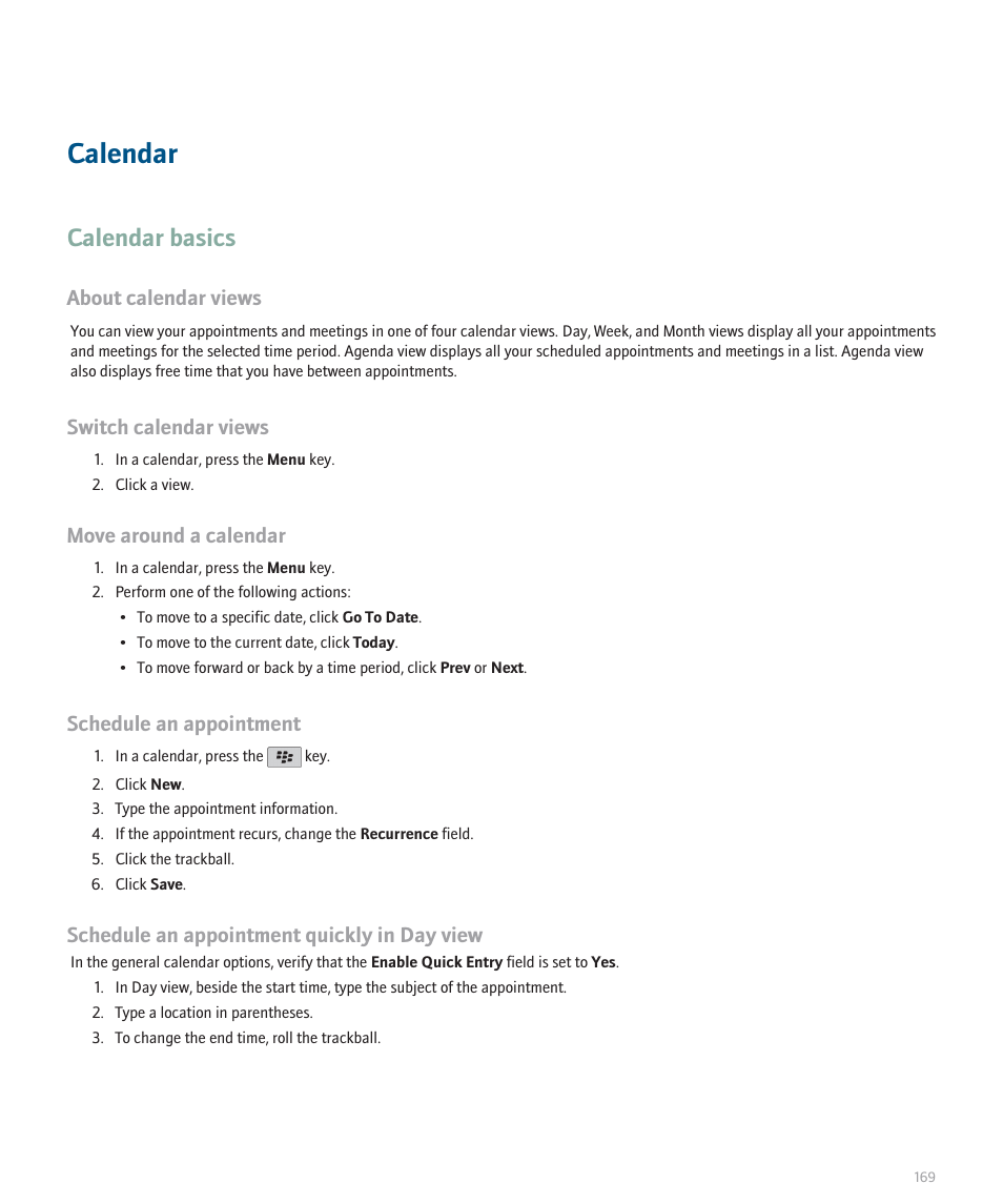 Calendar, Calendar basics, About calendar views | Switch calendar views, Move around a calendar, Schedule an appointment, Schedule an appointment quickly in day view | Blackberry Curve 8330 User Manual | Page 171 / 272