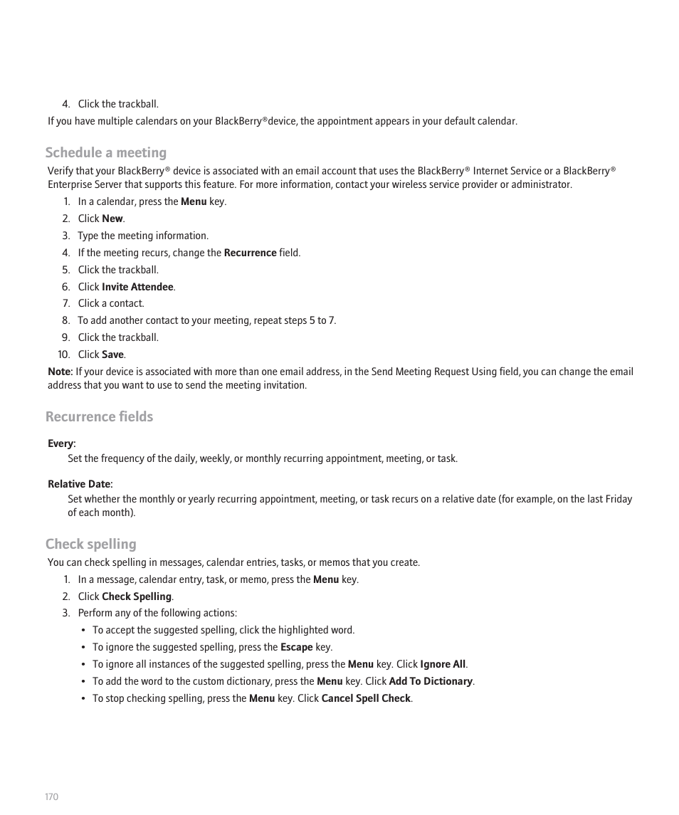 Schedule a meeting, Recurrence fields, Check spelling | Blackberry Curve 8330 User Manual | Page 172 / 272