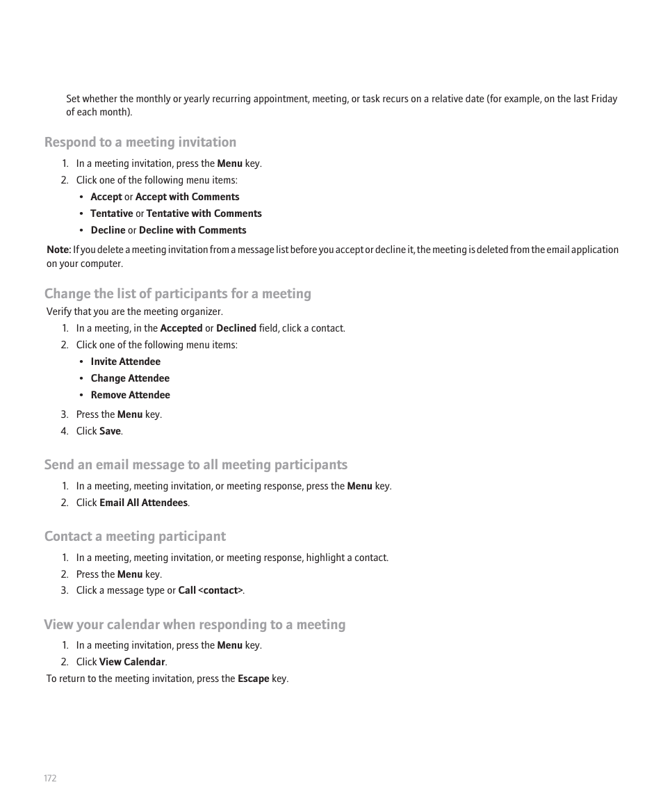 Respond to a meeting invitation, Change the list of participants for a meeting, Send an email message to all meeting participants | Contact a meeting participant, View your calendar when responding to a meeting | Blackberry Curve 8330 User Manual | Page 174 / 272