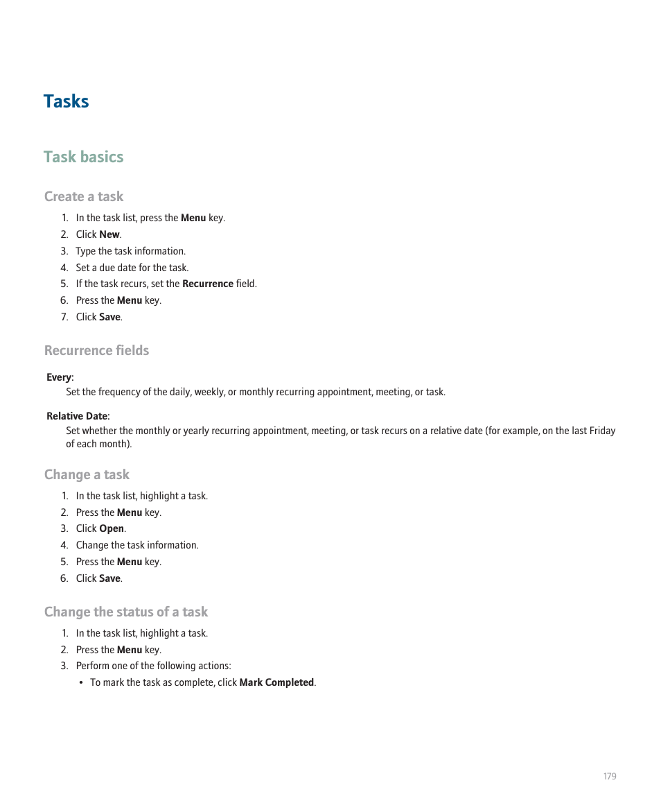 Tasks, Task basics, Create a task | Recurrence fields, Change a task, Change the status of a task | Blackberry Curve 8330 User Manual | Page 181 / 272