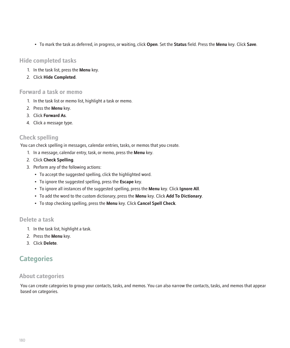 Categories, Hide completed tasks, Check spelling | Delete a task, About categories | Blackberry Curve 8330 User Manual | Page 182 / 272