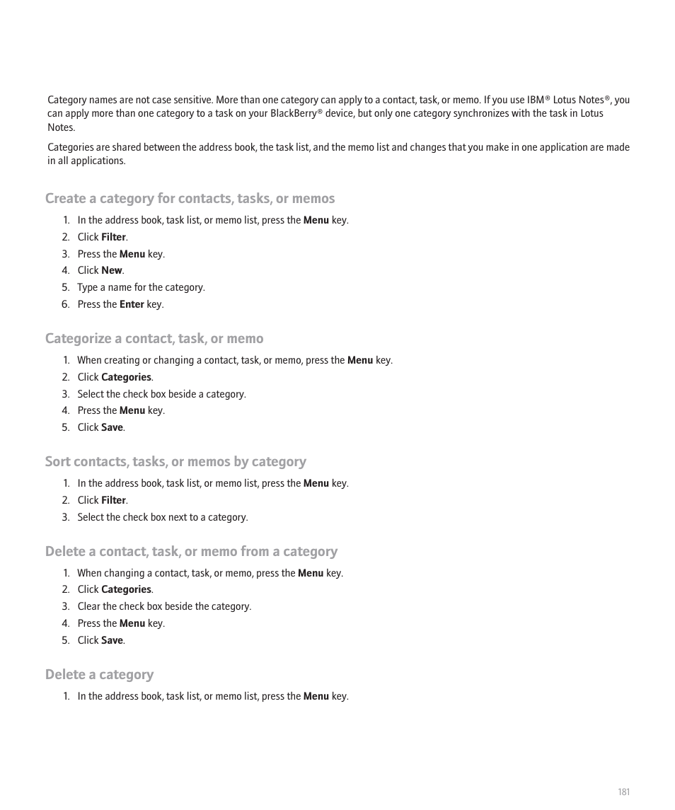 Delete a category | Blackberry Curve 8330 User Manual | Page 183 / 272
