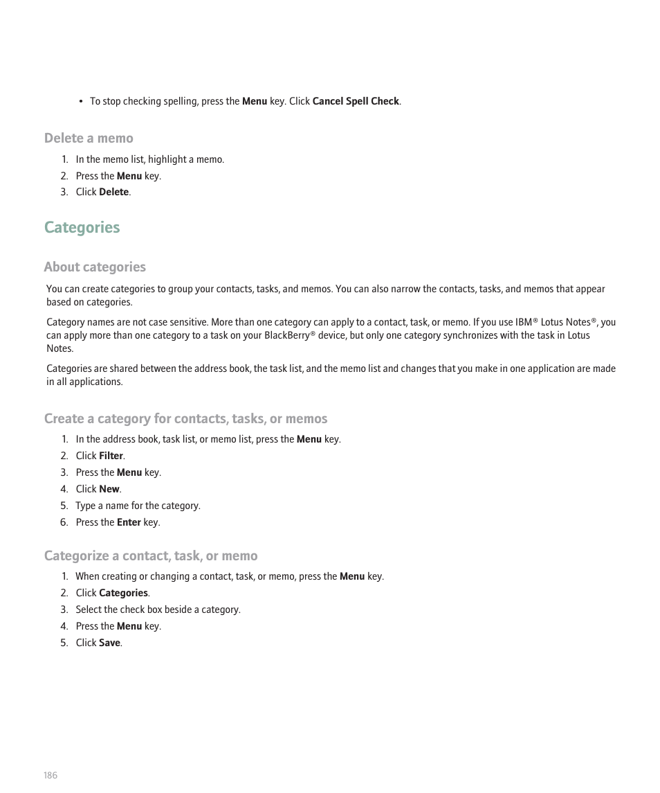 Categories, About categories | Blackberry Curve 8330 User Manual | Page 188 / 272