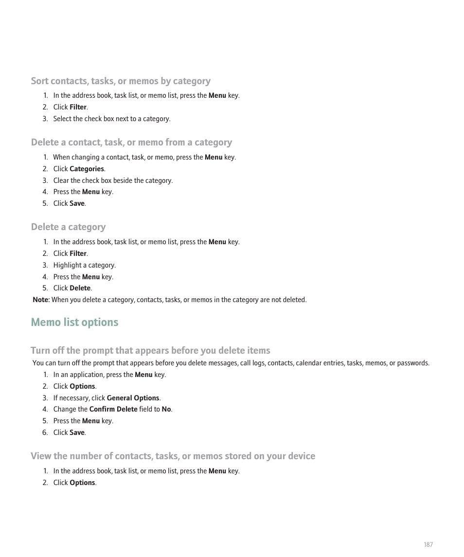 Memo list options, Delete a category | Blackberry Curve 8330 User Manual | Page 189 / 272
