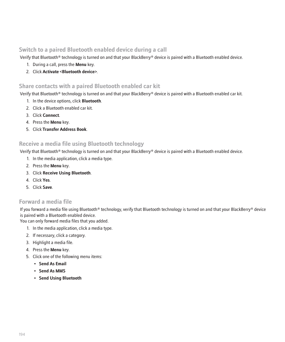 Receive a media file using bluetooth technology, Forward a media file | Blackberry Curve 8330 User Manual | Page 196 / 272