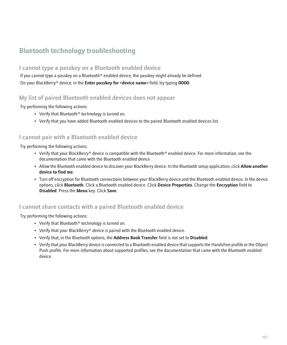 Bluetooth technology troubleshooting, I cannot pair with a bluetooth enabled device | Blackberry Curve 8330 User Manual | Page 199 / 272