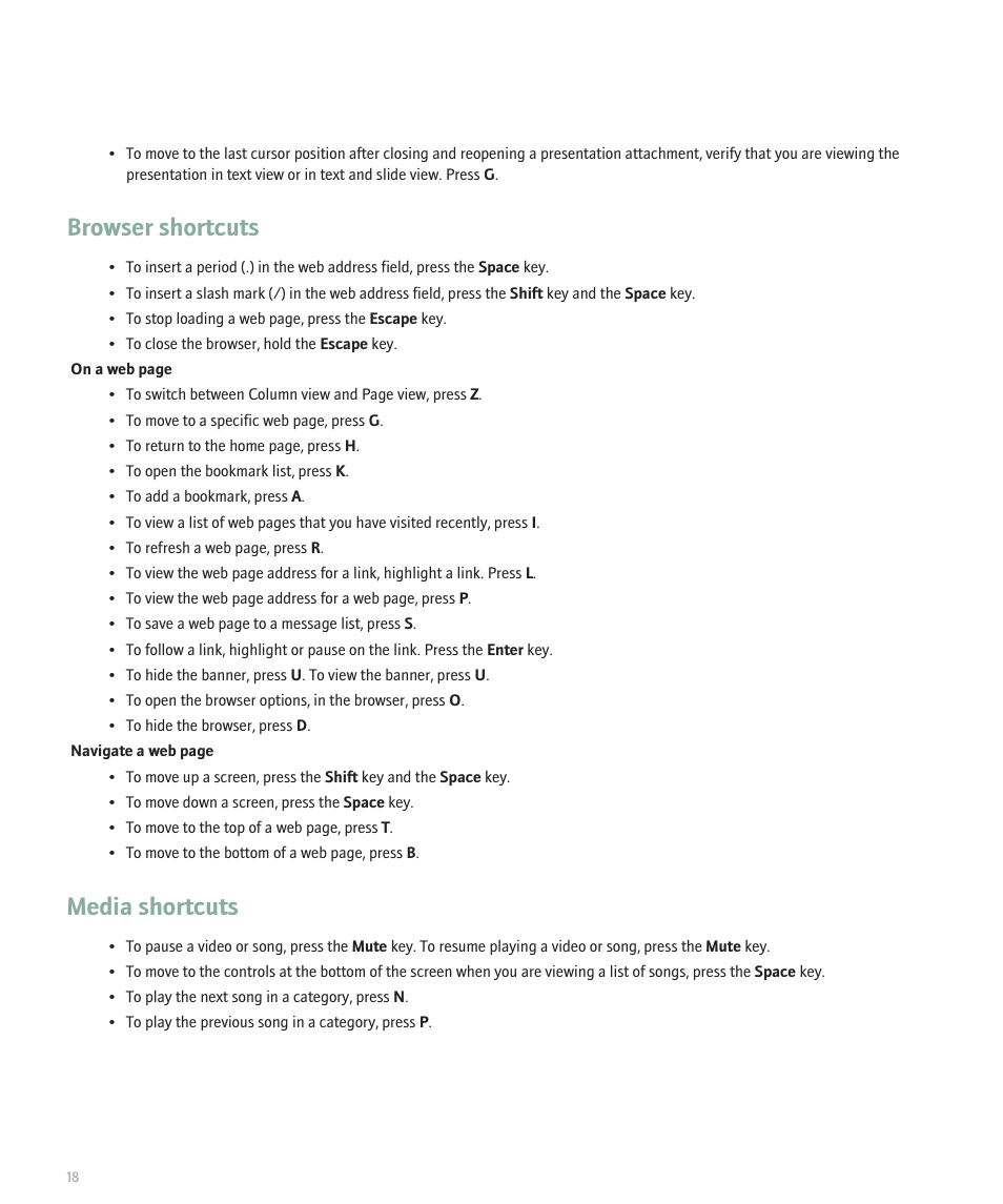 Browser shortcuts, Media shortcuts | Blackberry Curve 8330 User Manual | Page 20 / 272