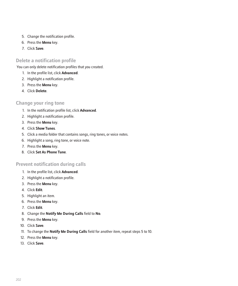 Delete a notification profile, Change your ring tone, Prevent notification during calls | Blackberry Curve 8330 User Manual | Page 204 / 272