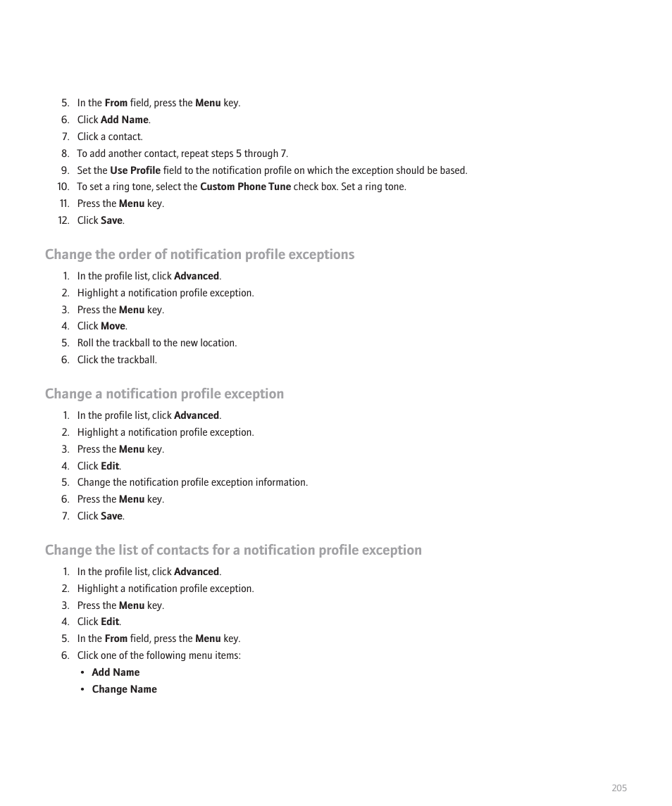 Change a notification profile exception | Blackberry Curve 8330 User Manual | Page 207 / 272