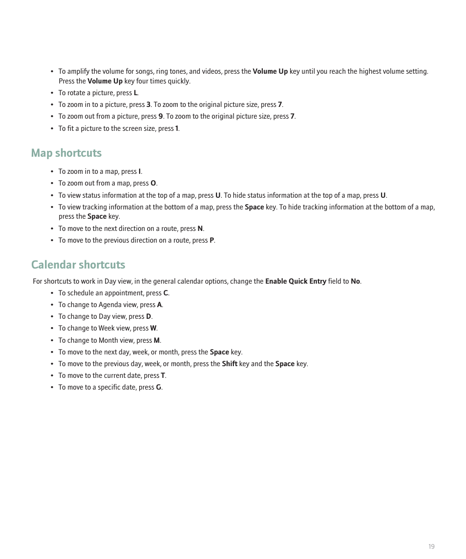 Map shortcuts, Calendar shortcuts | Blackberry Curve 8330 User Manual | Page 21 / 272