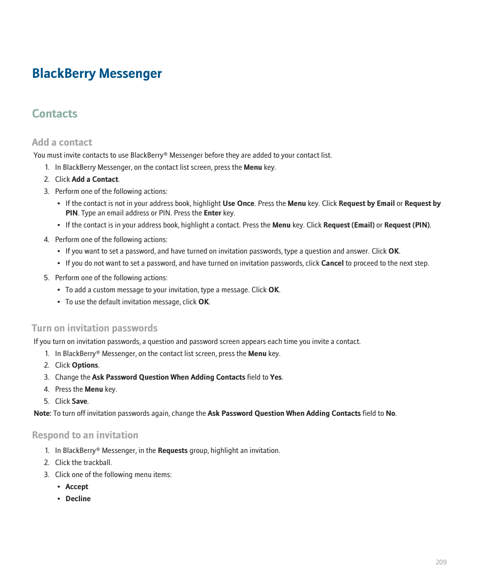 Blackberry messenger, Contacts, Add a contact | Turn on invitation passwords, Respond to an invitation | Blackberry Curve 8330 User Manual | Page 211 / 272