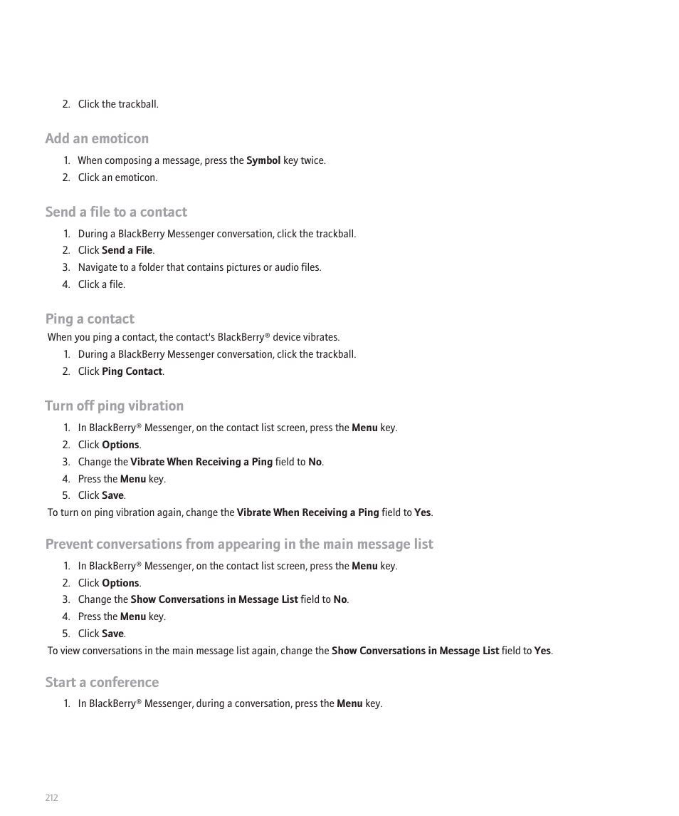 Add an emoticon, Send a file to a contact, Ping a contact | Turn off ping vibration, Start a conference | Blackberry Curve 8330 User Manual | Page 214 / 272